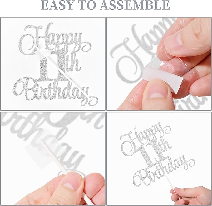 11th Birthday Cake Decorations, 11th Birthday Candles Cake Numeral Candles and Glitter Happy 11th Birthday Cake Toppers Set for Birthday Party Supplies (Silver)