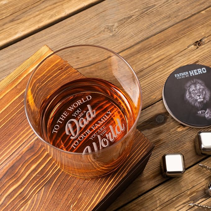 Whiskey Rocks Glass Father's Day Gift For Dad,14.2 Oz Old Fashioned Glasses Scotch, Birthday Gifts for Dad from Daughter Son, Unique Gifts Ideas for Men