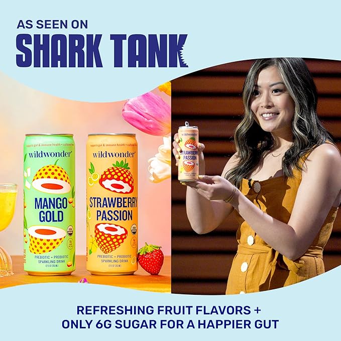 wildwonder Sparkling Probiotic Drink 12pk, For Gut Health & Immune Support, Guava Rose, 5g Prebiotic Fiber, Live Probiotics, Organic, Vegan, Low Sugar, 12 Pack, 12oz Can, As Seen on Shark Tank