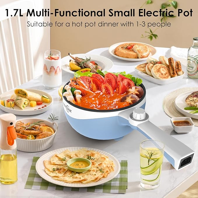 Audecook Hot Pot Electric, 1.7L Mini Electric Skillet Portable Nonstick Saut챕 Pan with Power Adjustment, Rapid Noodles Cooker Travel Multicooker for Steak/Soup/Egg/Oatmeal/Noodles