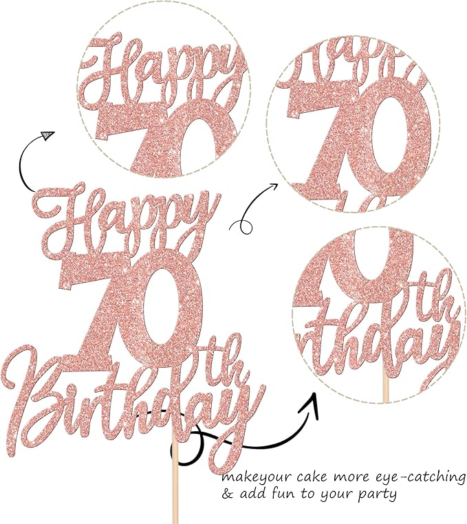 1 PCS Happy 70th Birthday Cake Topper Cheers to 70 Years Birthday Cake Pick Seventy Hello 70 Fabulous Cake Decoration for Happy 70th Birthday Anniversary Party Decorations Supplies Rose Gold