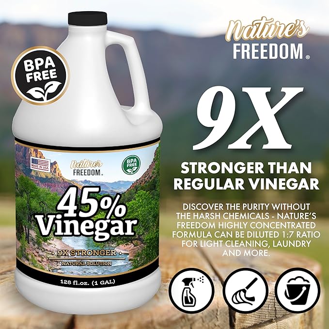 Nature's Freedom 45% Concentrated Vinegar, 1 Gallon with “How to Use Vinegar” Cleaning Book – Industrial Strength Multi-Purpose Cleaner