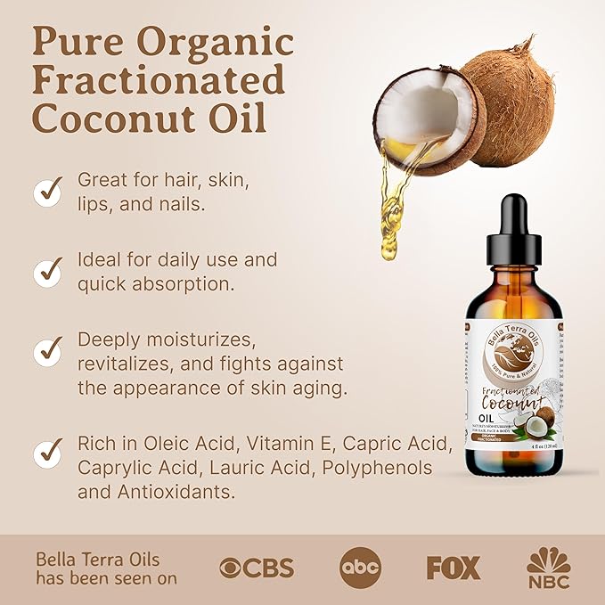 Bella Terra Oils - Organic Fractionated Coconut Oil 8oz - Celebrate the Coconut?셲 Liquid Gold, Infused with Antioxidants & Vitamins, A Precious Body Moisturizer