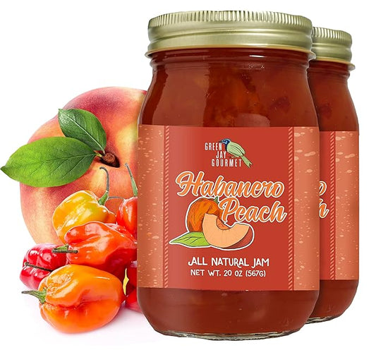 Green Jay Gourmet Peach Habanero Jam - All-Natural Peach Jam with Fresh Peaches, Habanero Peppers & Lemon Juice - Vegan, Gluten-free Jam with No Preservatives - Made in USA - 2 x 20 Ounces