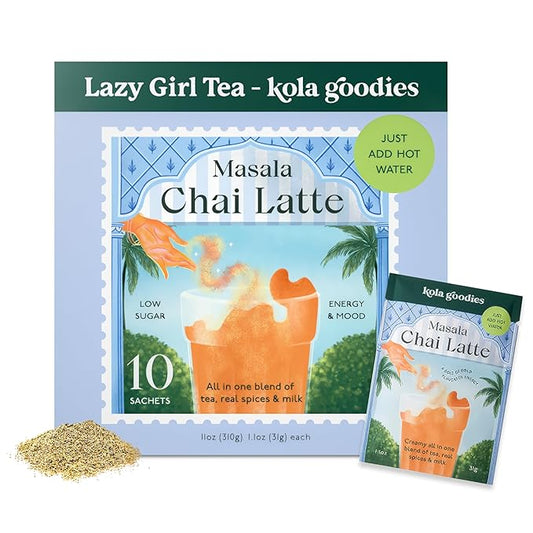 Kola Goodies Masala Chai Lazy Girl Tea Latte Powder – Indian Chai Mix with Ceylon Black Tea, Cardamom, Ginger, Cinnamon – Instant Spiced Chai Drink – 10 Sachets – Milk Tea Latte