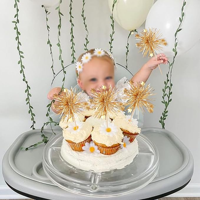 Rsstarxi 30 Pack Birthday Cupcake Toppers Gold Firework Cupcake Toppers Sparkle Tinsel Flower Drink Stirrers Cocktail Food Toothpicks for Valentine's Day Party Cake Decorations