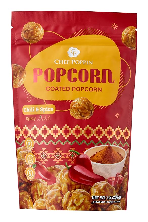 CHEF POPPIN Asian-Style Gourmet Flavored Popcorn, Non-GMO Corn, All Natural, Chili & Spice, 50g, 1.76 oz