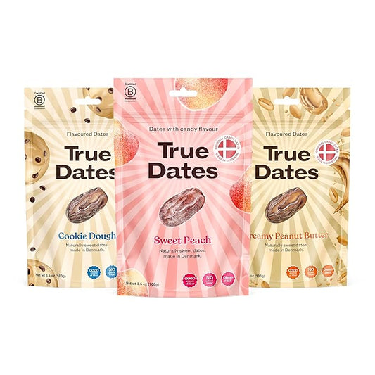 True Dates, Sweet Flavor Variety, 3-3.5 Ounce Bags (Creamy Peanut Butter, Cookie Dough, Sweet Peach) - Dates With Candy Flavor, Vegan, No Added Sugar, Gluten Free