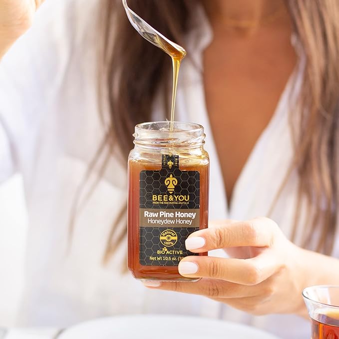 BEE and YOU Pine Raw Honey, Honeydew Honey, Wild-crafted, 100% Natural, Unprocessed, Enzymes, Antioxidants, Manuka Honey Alternative, Paleo, Gluten-Free (10.6 oz)