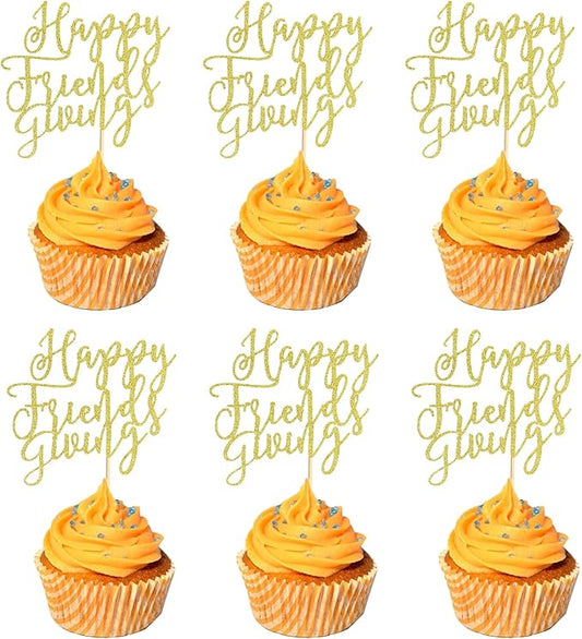 24Pcs Happy Friendsgiving Cupcake Toppers Fall Theme Thanksgiving Cupcake Picks Give Thanks Cake Decorations for Happy Thanksgiving Day Theme Birthday Party Supplies - Gold Glitter