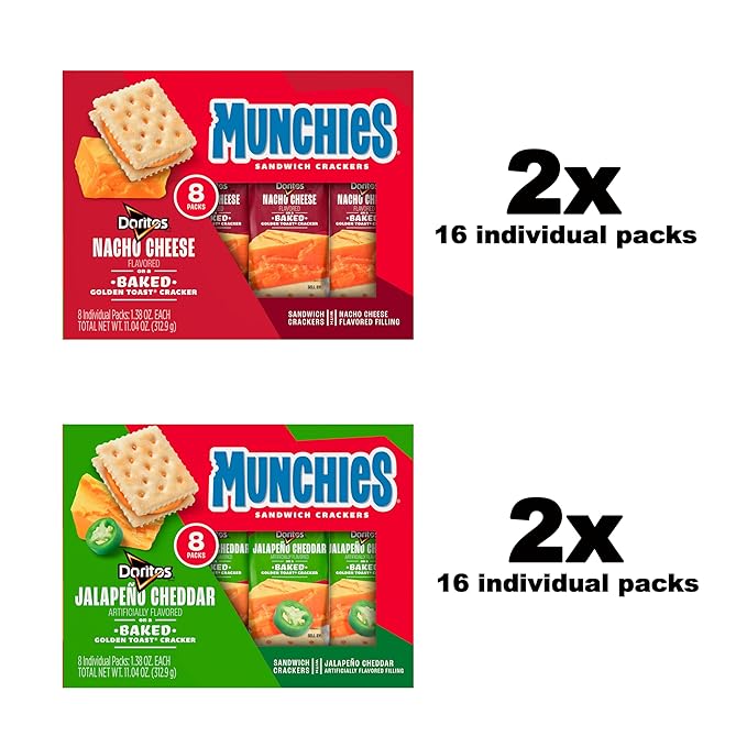 Munchies Baked Sandwich Crackers Variety Pack, Doritos Nacho Cheese and Doritos Jalapeno Cheddar, 1.38 Oz sleeves (Pack of 64)