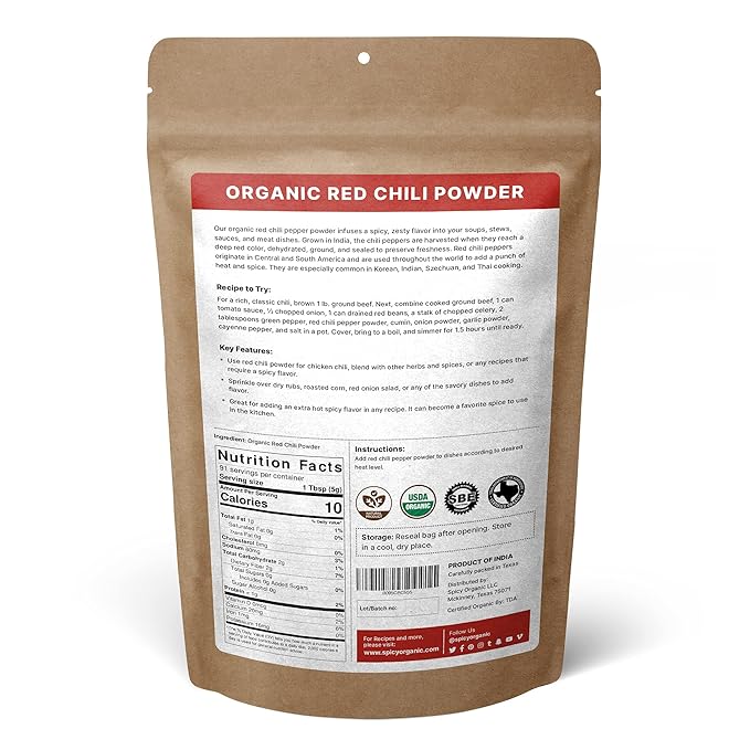 SPICY ORGANIC Red Chili Powder - USDA Certified Organic, Non-GMO - Perfect for adding a smoky, spicy flavor to soups, stews, chili, and more. No Added Preservatives and Color - 45 Servings Per Container, 16 Oz (454 Grams)