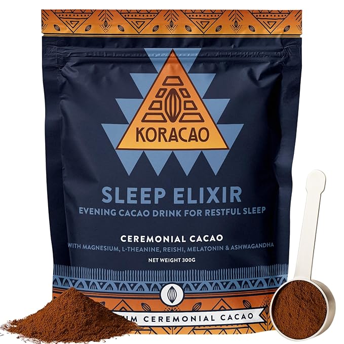 KORACAO Sleep Elixir Cacao Blend ??Ceremonial-Grade Cocoa Drink with Magnesium, L-Theanine, Reishi, Melatonin & Ashwagandha ??300g (30 Servings) for Relaxation & Restful Sleep
