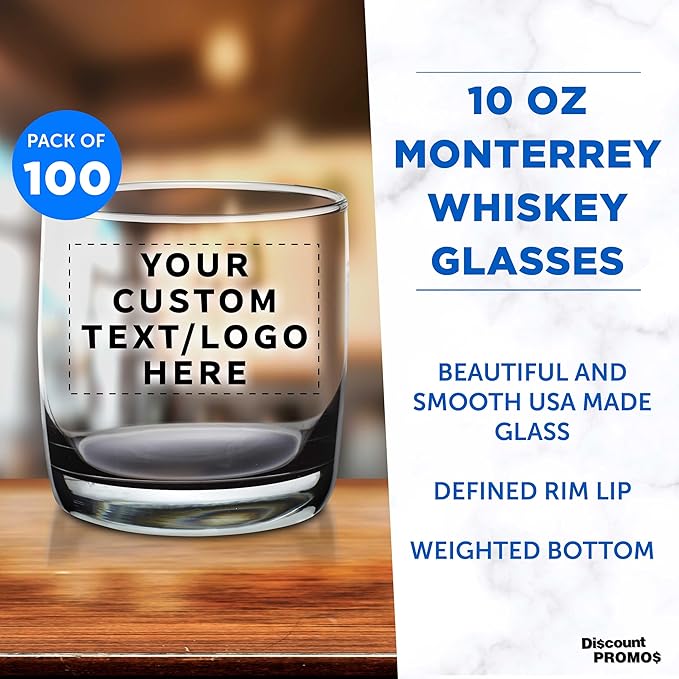DISCOUNT PROMOS Custom Whiskey Glasses 10 oz Set of 100, Personalized Bulk Pack - Heavy Base Old Fashioned Glass, Perfect for Scotch, Bourbon, Whiskey, Cocktail - Black Bottom Color