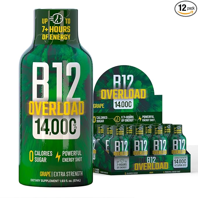 B12 Overload Extra Strength Energy Shot ??Grape ??260mg Caffeine, 14000% B12, Electrolytes ??Energy & Vitality Support ??Zero Sugar No Calories ??Vegan, Kosher, Gluten-Free ??1.93 fl oz, 12-Pack