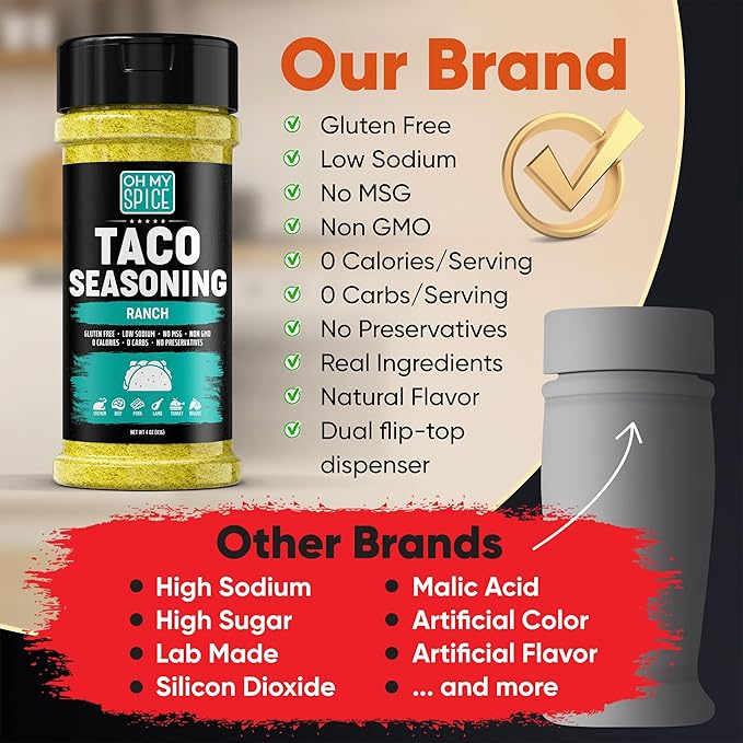 Taco Seasoning Mix Ranch Seasoning Powder - Gluten Free & Low Sodium Mexican Seasonings Blend for Taco Tuesday Night. Ranch Dressing Powder for Fajita & Burrito. Street Tacos Spices Toppings. 4oz