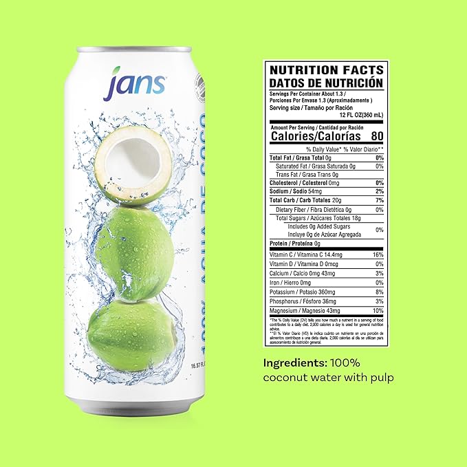 Jans 100% Pure Coconut Water with Real Pulp (12-Pack 16.57 Fl Oz) - No Sugar Added, Non-GMO, Optimal Hydration Natural Electrolytes - Agua de Coco Pulpa Bulk