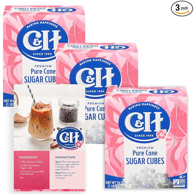 C&H Premium Pure Cane Sugar Cubes, 1 lb Boxes (Pack of 3) - Perfect for Coffee, Tea, Portion Control - Includes Bonus Recipe Card