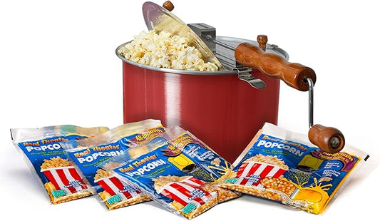 Original Whirley Pop Starter Pack - Wabash Valley Farms Popcorn Kit, Whirley Pop Popcorn Maker With 3 Movie Theater Popcorn Kits and 4 Movie Night Face Tubs, Gourmet Popcorn Gift Sets (Metal Gear-Red)