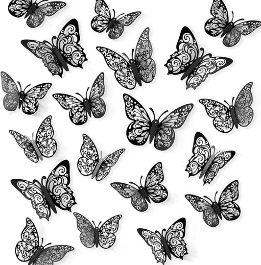 72 Pcs Black Butterfly Decorations - 3 Sizes, 3 Styles, 3D Wall Decor for Parties, Birthdays & Crafts
