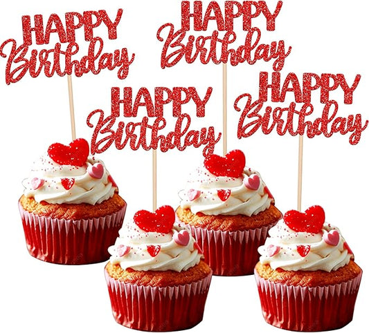 30 PCS Happy Birthday Cupcake Toppers Glitter Happy Birthday Cupcake Picks for Celebrating Birthday Anniversary Theme Party Cake Decorations Supplies Red