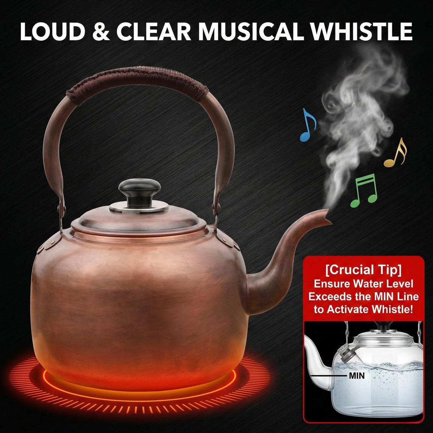 wloadry Copper Whistling Tea Kettle, Large Capacity with Cool-Touch Rope Handle,thicker Solid