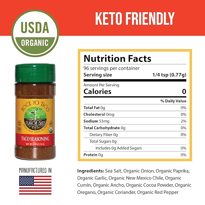 Flavor Seed Rock Yo Taco, Gluten Free Organic Taco Seasoning Mix, Low Sodium Mexican Spice Blend for Cooking, Dips & Popcorn Topping, No Sugar, Zero Calorie, Mild & Keto Friendly, 2.6 oz Shaker Jar