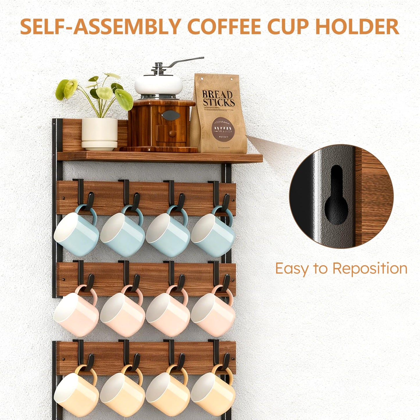 Dhmkfly 2-in-1 Coffee Cup Holder Wall Mounted with 16 Adjustable Hooks