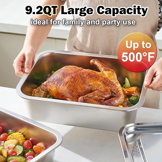 4 Inch Extra Deep Lasagna Pan with Lid, 11.8x15.7Inch 9.2QT Large Stainless Steel Nonstick Lasagna Baking Roasting Dish Pan for Oven(L, 1 Pack)