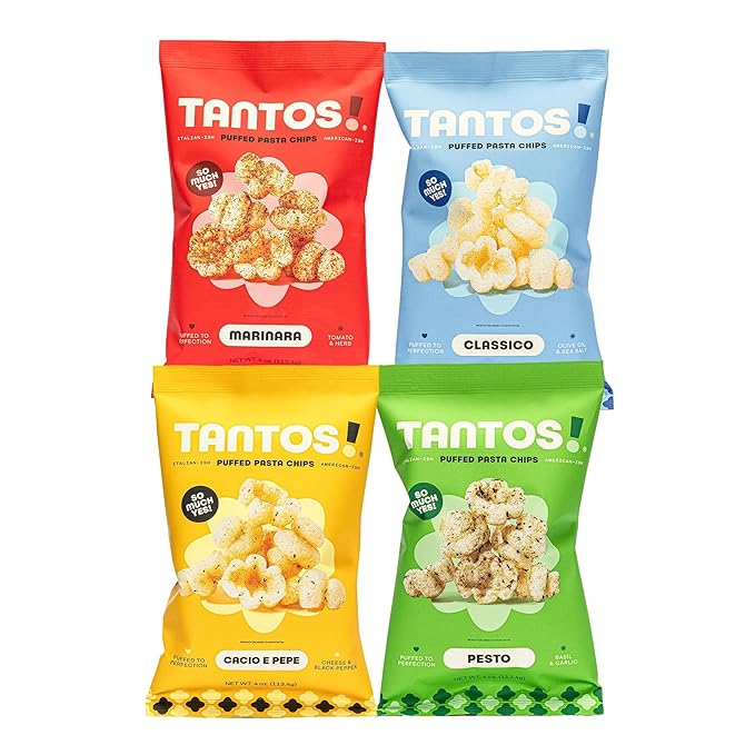 Tantos! Puffed Pasta Chips ??Healthy Pasta Snack by Top Chef Joe Sasto ??Plant-Based, Low Calorie, Crunchy Chips ??Variety Pack ??Marinara, Pesto, Cacio e Pepe, Classico ??Gourmet Bold Flavors ??(4oz-4 Pack (1 of Each Flavor), Variety)