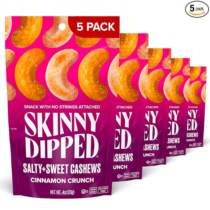 SkinnyDipped Salty + Sweet Cinnamon Crunch Cashew, Healthy Snack, Plant Protein, Gluten Free, 4 oz Resealable Bags, Pack of 5