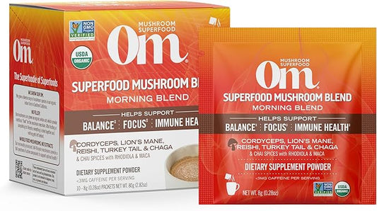Om Mushroom Superfood Morning Energy Blend Mushroom Powder Drink, Single Serve, 10 Count, Coffee