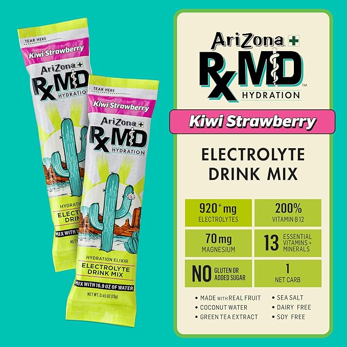 Arizona Rx MD Hydration Kiwi Strawberry - Drink Mix - 920mg of Electrolytes - 0.45 oz Powder Sticks (Pack of 6)