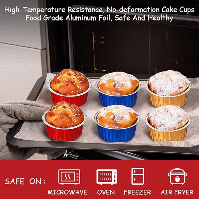 150 Pcs Cupcake Liners with Lids 5 oz Aluminum Foil Cupcake Baking Cups Disposable Ramekins Muffin Cups Mini Aluminum Pans with Lids Holder for Creme Brulee(Gold, Red, Royal Blue)