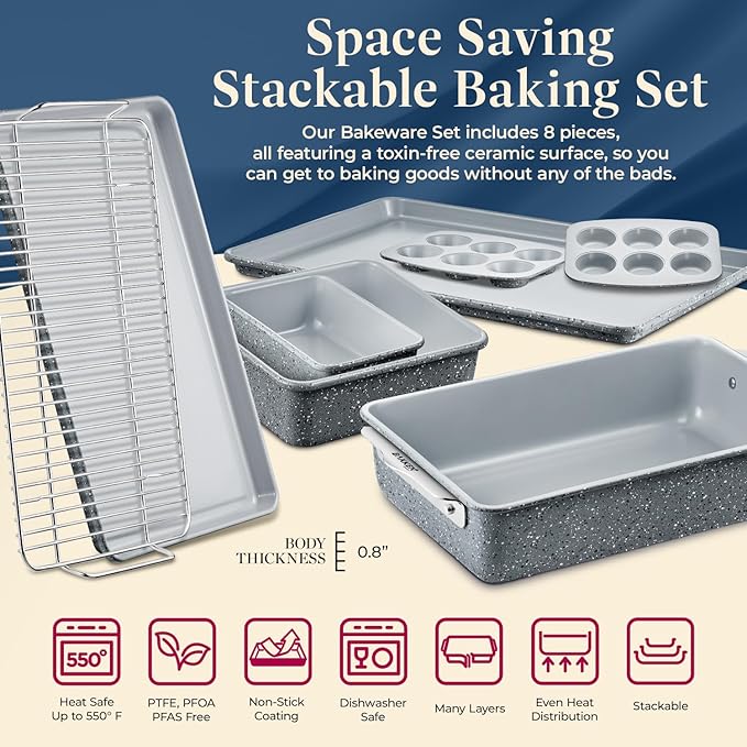 Bakken 8-Piece Stackable Bakeware Set - Ceramic Non-Stick Coating, Baking Sheets, Assorted Baking Pans, PTFE, PFOA & PFOS Free - Healthy Baking, Ergonomic Handles, Cooling Rack, Non-Toxic, Oven-Safe