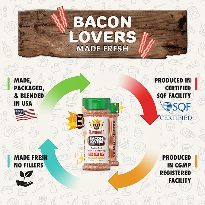 Bacon Lovers Seasoning Mix, 2 Bottles by Flavor God - Premium All Natural & Healthy Spice Blend for Beef, & Eggs - Kosher, Low Sodium, Gluten-Free, & Vegan - Great Flavor Spices and Seasoning Gift
