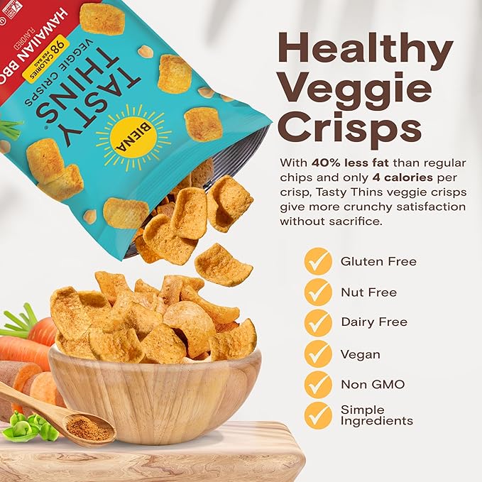 BIENA Tasty Thins Veggie Crisps ??Hawaiian BBQ, 0.75 Ounce (Pack of 12) ??Chickpeas & Veggies, Vegan, Gluten Free, Dairy-Free, Non-GMO, Allergy-Friendly, Healthy On-The-Go Snack for Kids & Adults