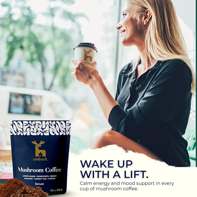 Emberk Organic Instant Mushroom Coffee - 35 Servings of Arabica Coffee with Six 100% Fruiting Body Mushrooms for Mental Clarity, Sustained Energy, Gut Health and Immune Support - 70g