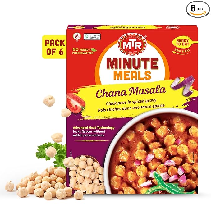 MTR - Minute Meals: Chana Masala - Savory Chickpeas in Spiced Gravy - Authentic Indian Ready-to-Eat Meal - No Added Preservatives - A Quick Meal Suitable for Vegetarians, Ready in Minutes! (Pack of 6)