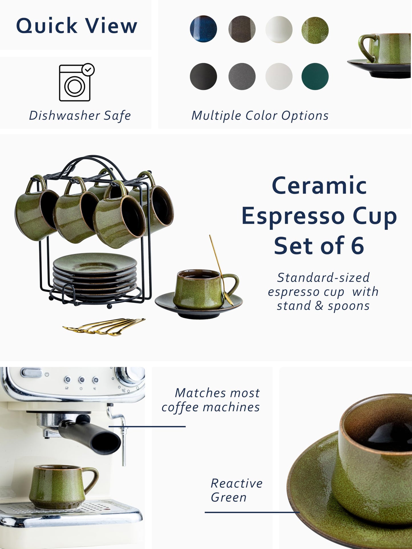 YHOSSEUN Ceramic Espresso Cups Set of 6, 4 Oz Expresso Shots Cup, Green