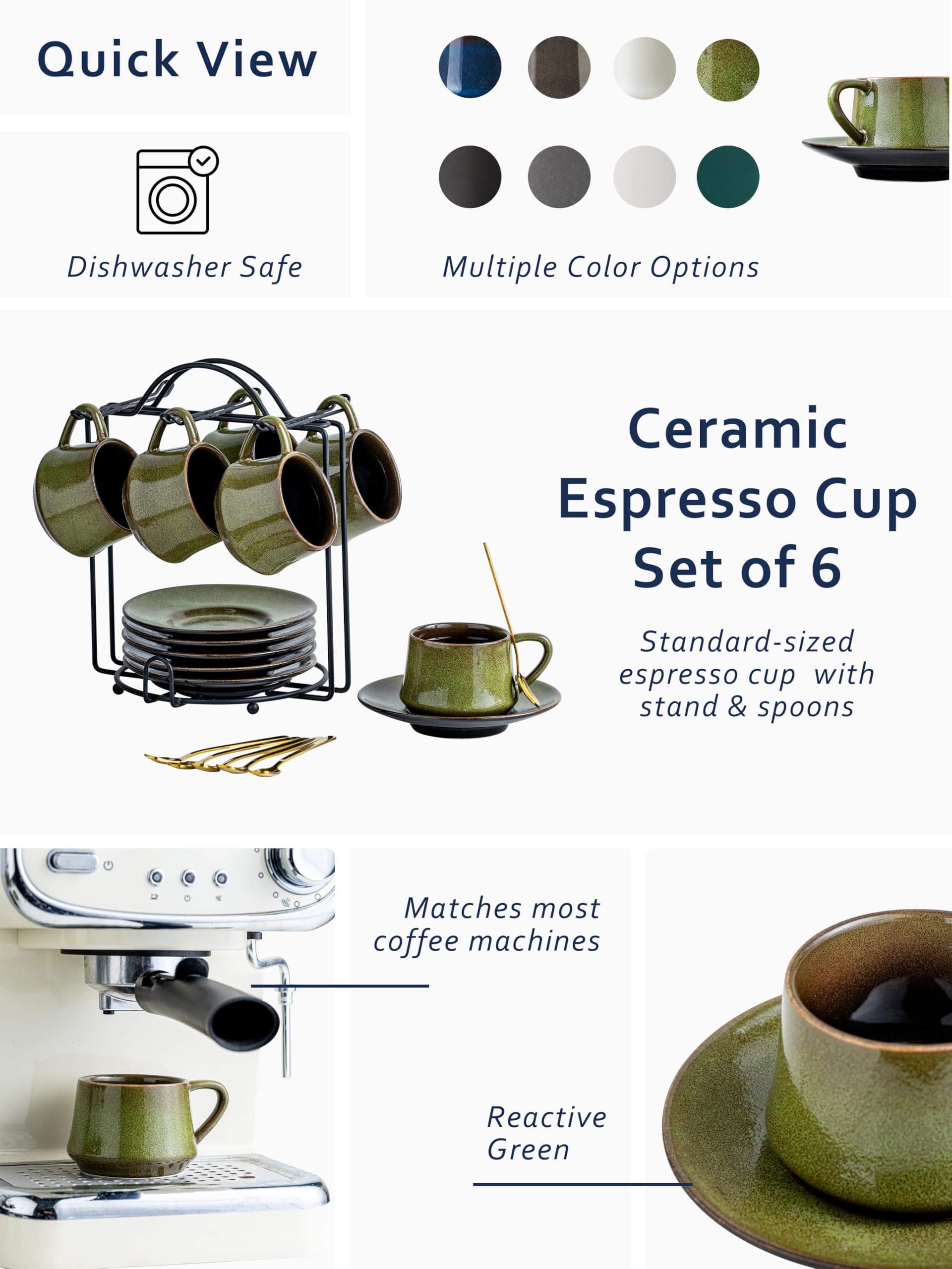 YHOSSEUN Ceramic Espresso Cups Set of 6, 4 Oz Expresso Shots Cup, Green