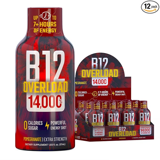 B12 Overload Extra Strength Energy Shot ??Pomegranate ??260mg Caffeine, 14000% B12, Electrolytes ??Energy & Vitality Support ??Zero Sugar No Calories ??Vegan, Kosher, Gluten-Free ??1.93 fl oz, 12-Pack