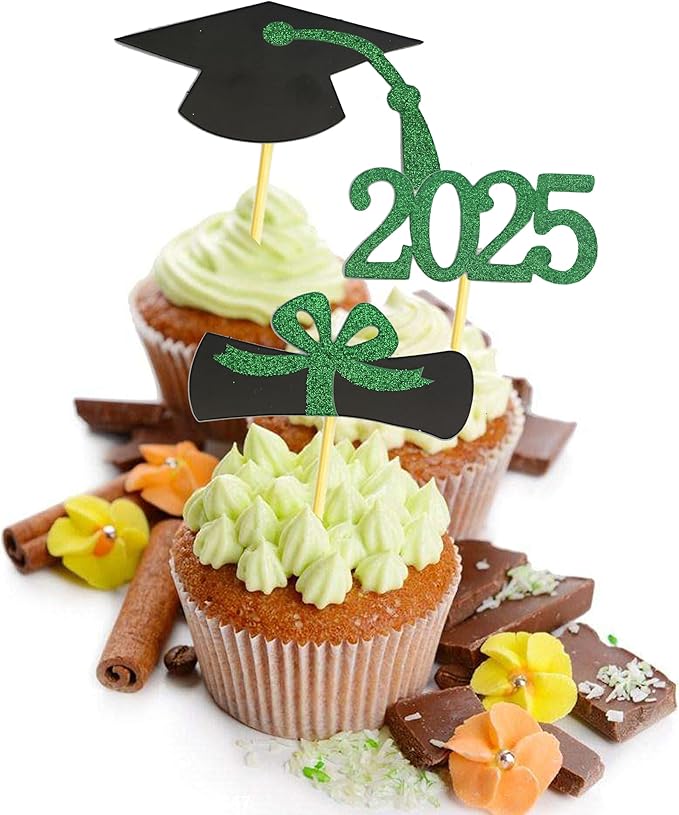 2025 Graduation Cupcake Toppers, 48 PCS Food/Appetizer Picks For Graduation Party Mini Cake Decorations, Diploma, 2025, Grad Cap Set 48 Pieces (04 Green)