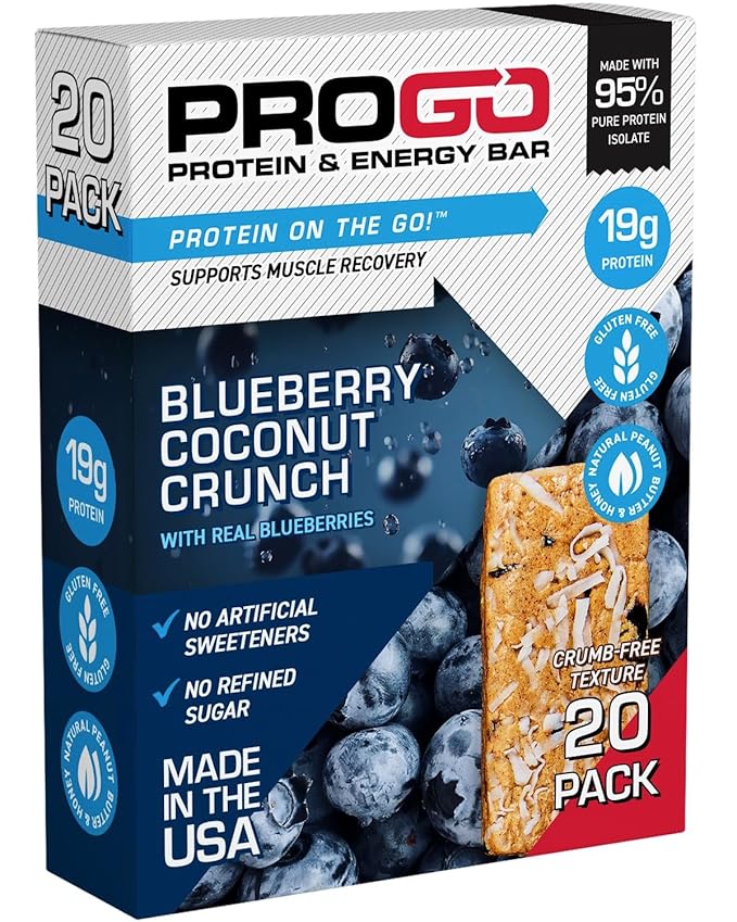 ProGo Protein Bars, Low Sugar, High Protein Snacks (19g) - 95% Pure Isolate for Faster Muscle Growth & Recovery, Low Calorie, Sweetened w/Peanut Butter & Honey (20-Count, Blueberry Coconut)