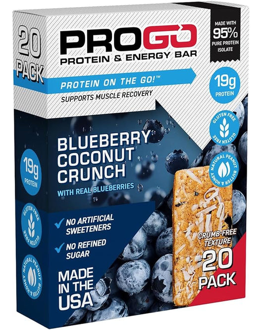 ProGo Protein Bars, Low Sugar, High Protein Snacks (19g) - 95% Pure Isolate for Faster Muscle Growth & Recovery, Low Calorie, Sweetened w/Peanut Butter & Honey (20-Count, Blueberry Coconut)