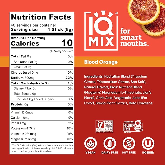 IQMIX Hydration Electrolyte Powder ??4-in-1 Formula for Hydration, Mental Clarity, Mood and Recovery ??Sugar-Free Drink Mix, Keto, Magnesium L-Threonate, Lion?™s Mane ??40 Count Blood Orange