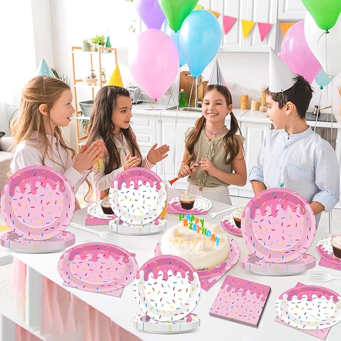 96Pcs Pink Donut Confetti Party Plates and Napkins Themed Decorations Summer Pink Donut Dessert Plates Donuts Tableware Set for 24 Guests Grow Up Themed Baby Shower Party Favors Supplies