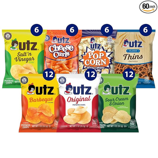 Utz Variety Pack of 60 Individual Potato Chip, Cheese Curl, Popcorn & Pretzel Snacks for On-the-Go