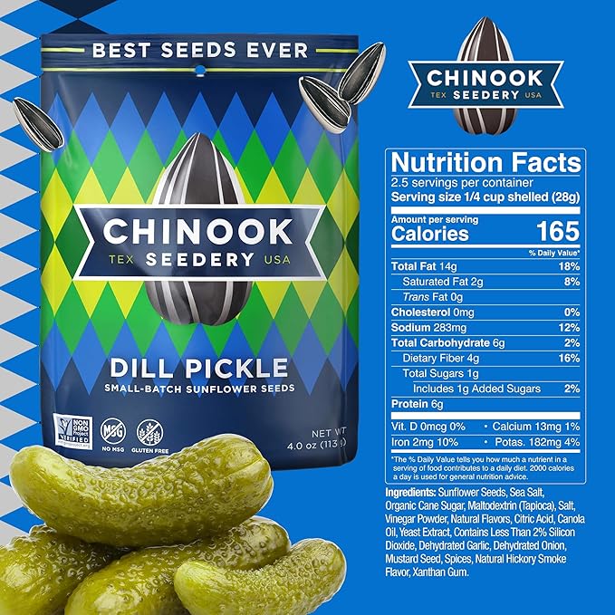 Chinook Seedery Roasted Jumbo Sunflower Seeds - Keto Snacks, Gluten-Free, Non-GMO, Dill Pickle Flavor 4 oz (12-Pack)