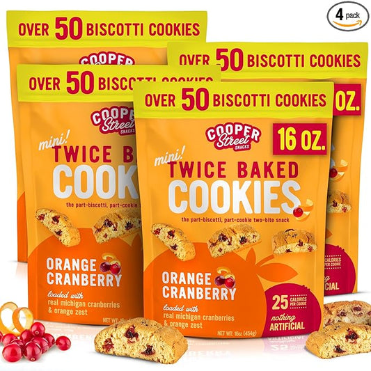 Cooper Street Twice-Baked Orange Cranberry Biscotti Cookies (16 oz - Pack of 4) ??Over 50 Biscotti per Bag Loaded with Real Fruit, Italian Style Snacks with Coffee or Tea - Dairy, Peanut & Soy Free